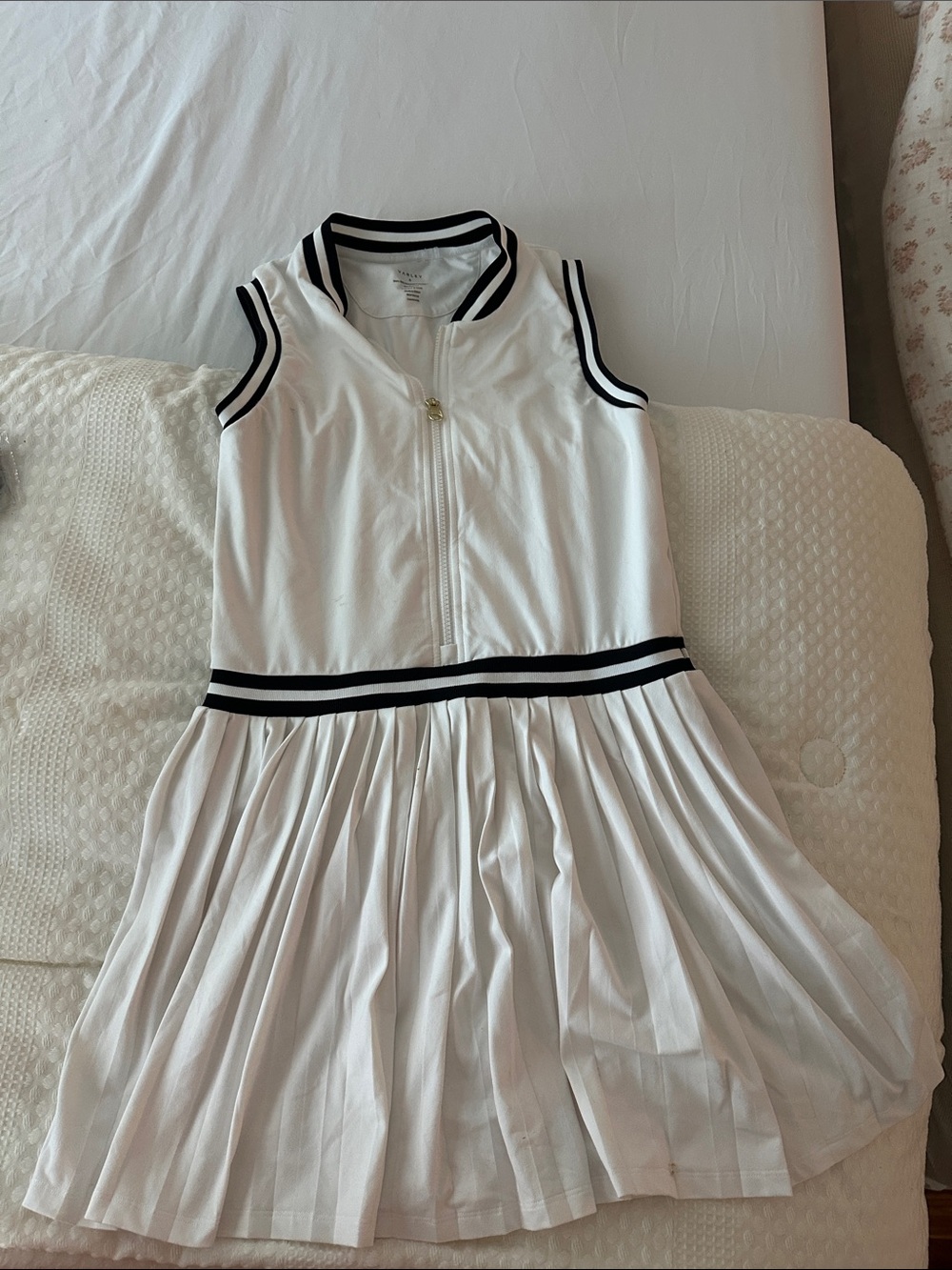 Women’s varley White Sleeveless Pleated Tennis Dress with Black Trim